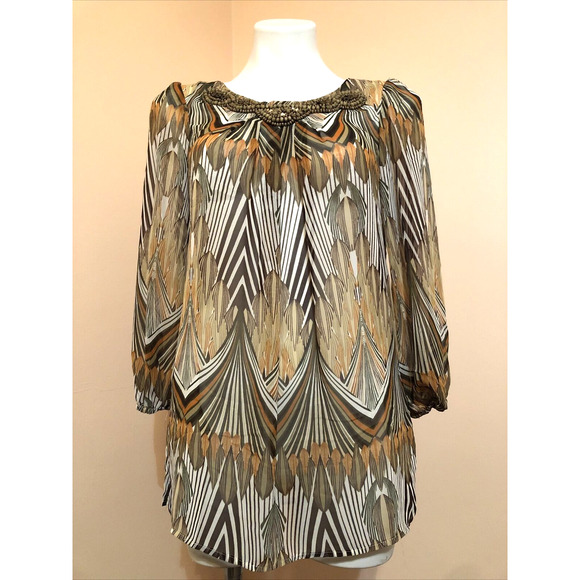 TRAVELSMITH Sheer Brown Feather Animal Print Beaded Collar Tunic Blouse Small - Picture 1 of 9